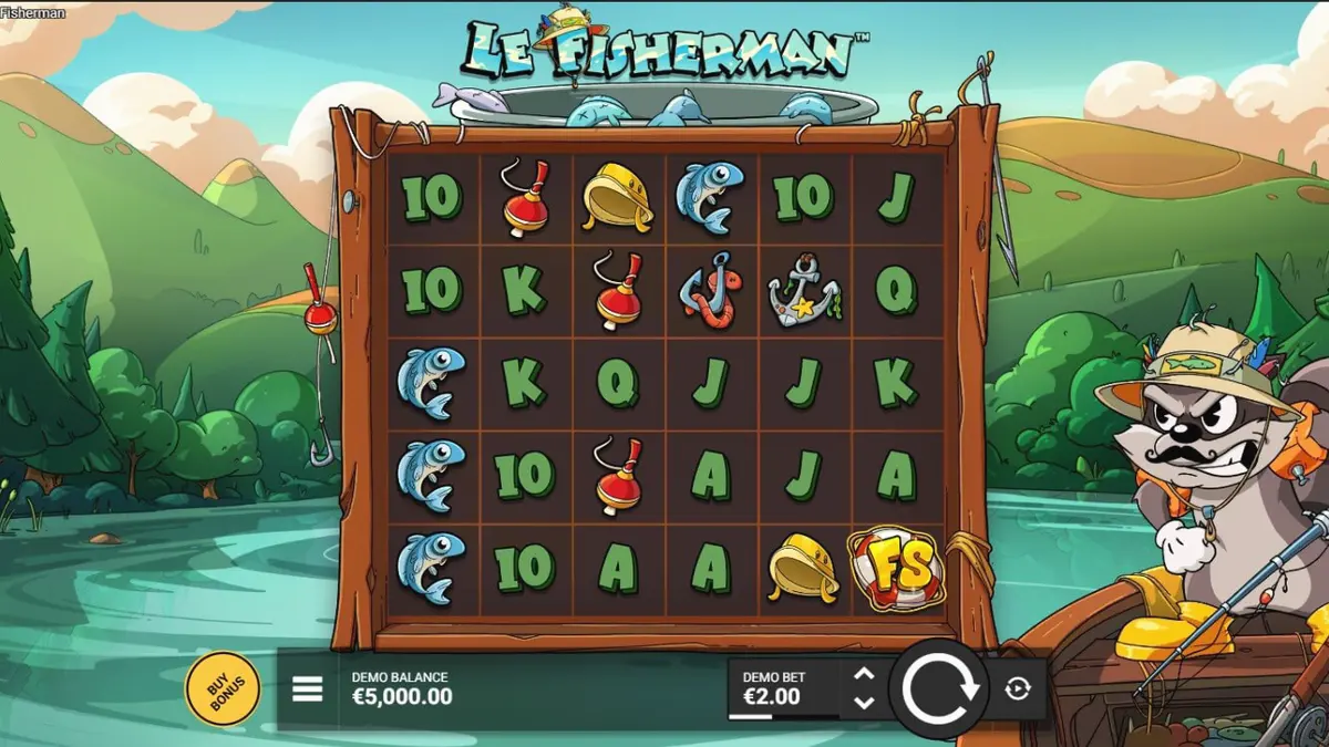 Ang makulay at cartoonish na disenyo ng Le Fisherman slot na nagtatampok kay Smokey the Raccoon.