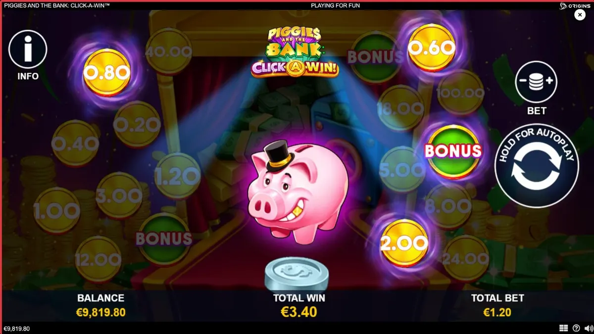 Piggies and the Bank: Click-A-Win slot game interface featuring a wealthy piggy bank.