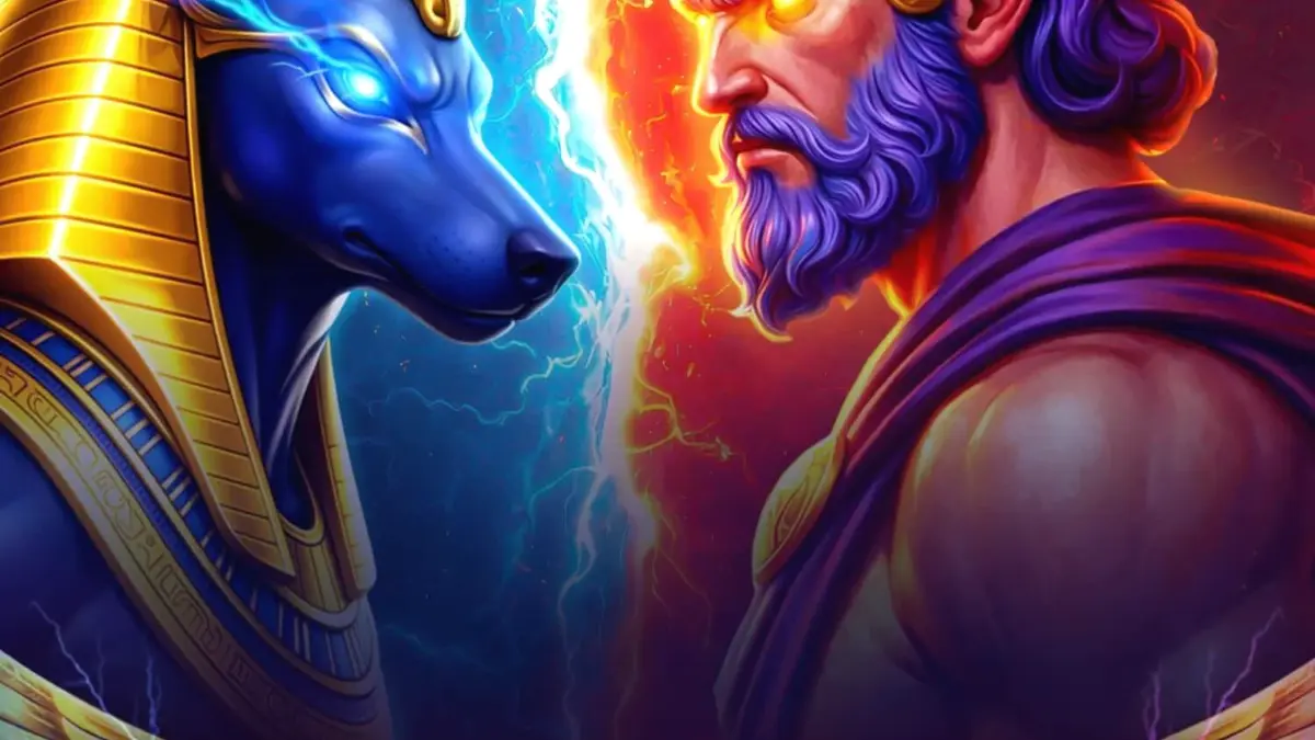 Isang visual na representasyon ng labanan sa pagitan nina Anubis at Hades sa Clash of Gods slot